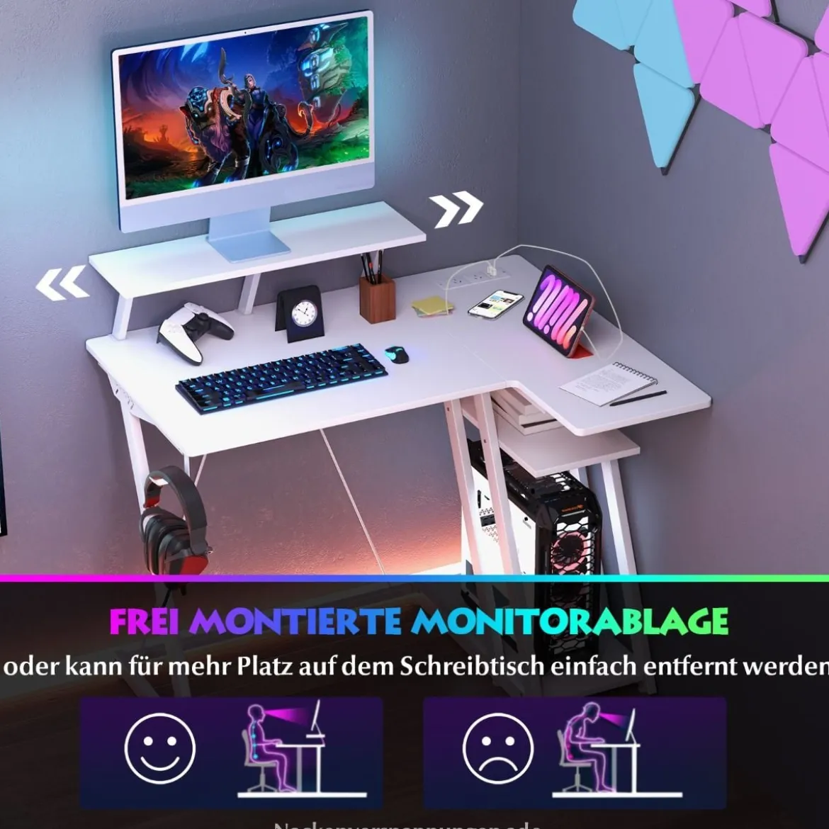 L-förmiger Gaming-Schreibtisch mit Steckdosen & USB-Anschlüssen mit Monitorregal Computertisch