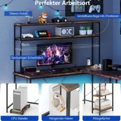 L-förmiger Gaming Schreibtisch mit LED-Streifen & Steckdosen Eckschreibtisch Computertisch Braun
