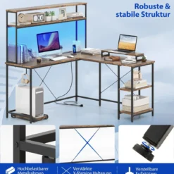 L-förmiger Gaming Schreibtisch mit LED-Streifen & Steckdosen Eckschreibtisch Computertisch Braun