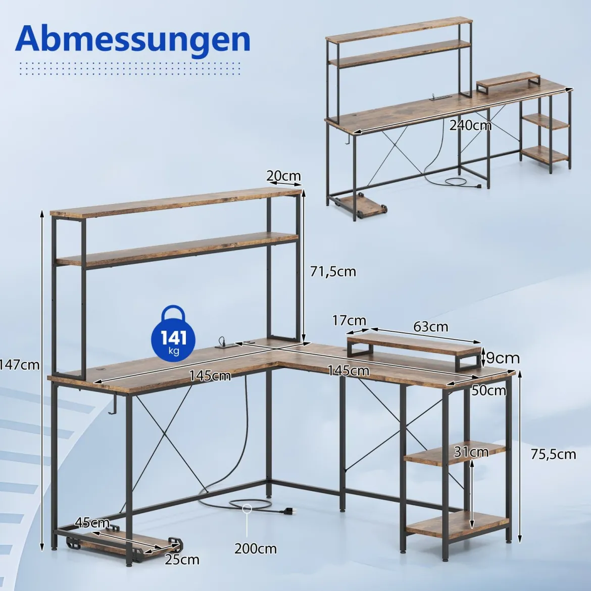 L-förmiger Gaming Schreibtisch mit LED-Streifen & Steckdosen Eckschreibtisch Computertisch Braun