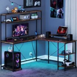L-förmiger Gaming Schreibtisch mit LED-Streifen & Steckdosen Eckschreibtisch Computertisch Braun