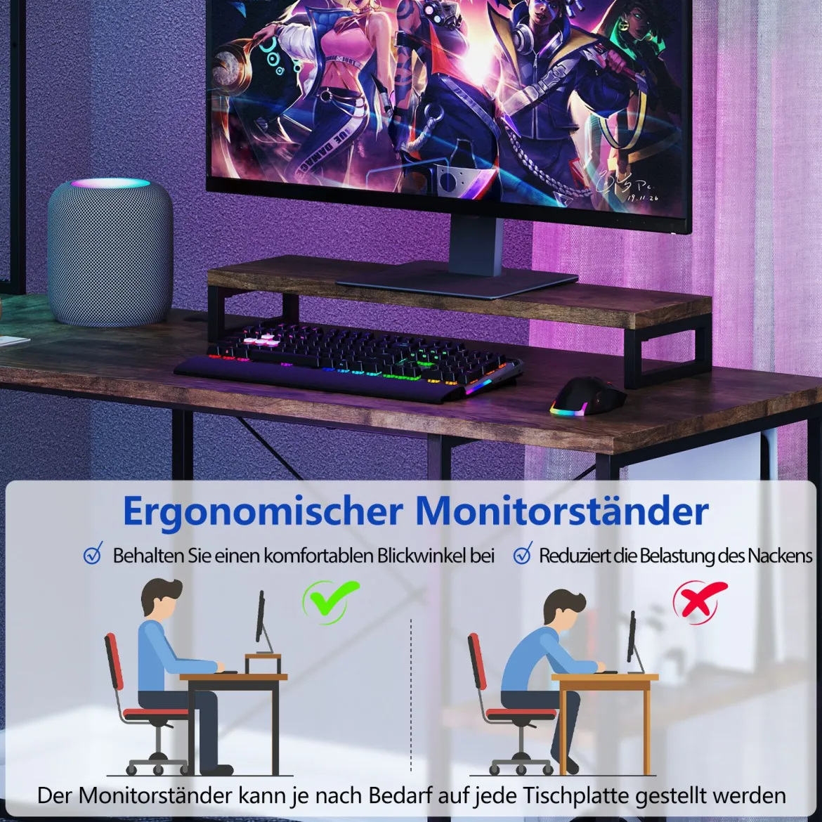 L-förmiger Gaming Schreibtisch mit LED-Streifen & Steckdosen Eckschreibtisch Computertisch Braun