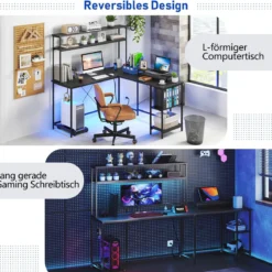 L-förmiger Gaming Schreibtisch mit LED-Streifen & Steckdosen Eckschreibtisch Computertisch Schwarz