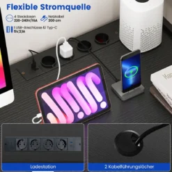 L-förmiger Gaming Schreibtisch mit LED-Streifen & Steckdosen Eckschreibtisch Computertisch Schwarz