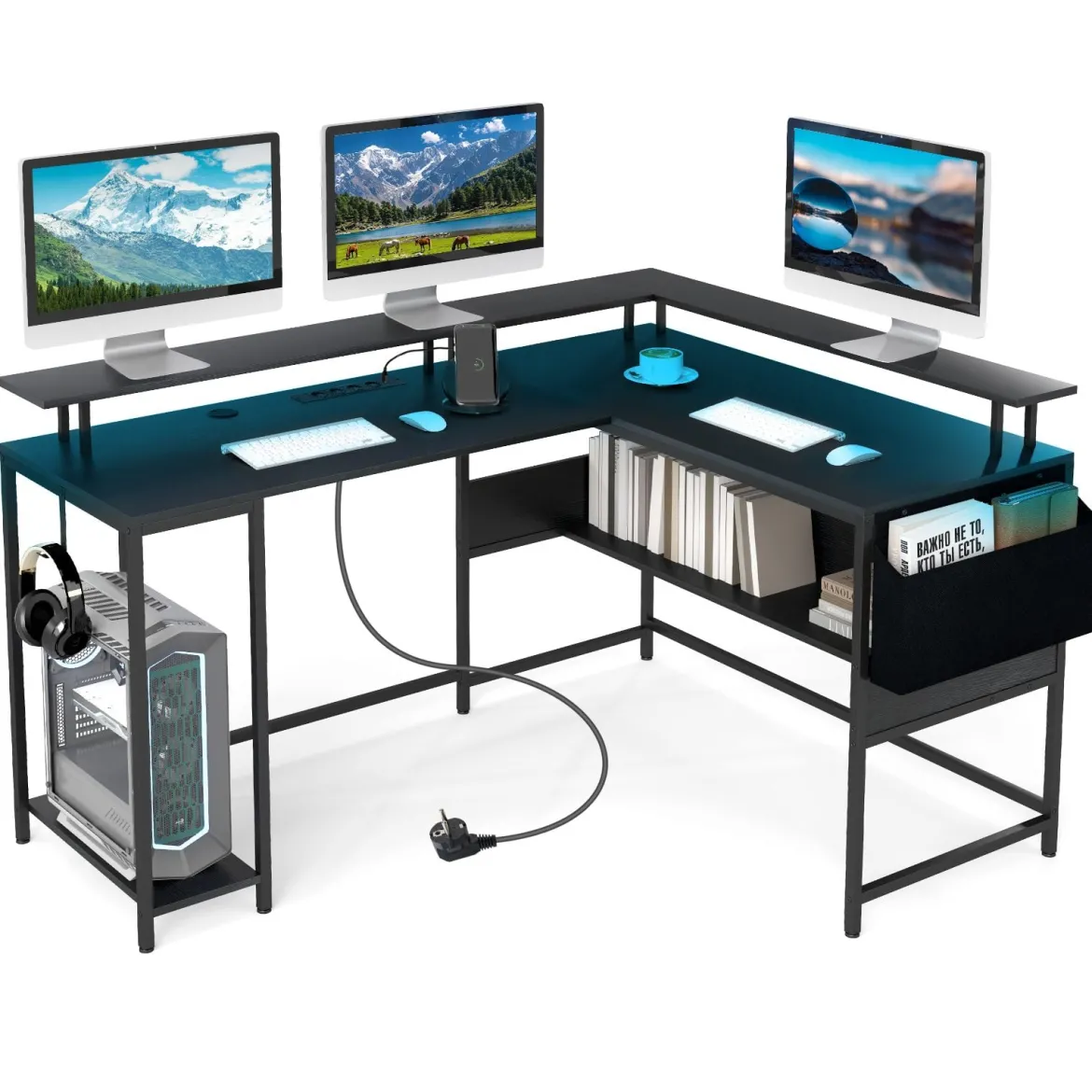 L-förmiger Gamingtisch mit LED-Beleuchtung & Steckdosen Computertisch mit Monitorständer Schwarz