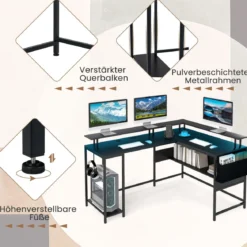 L-förmiger Gamingtisch mit LED-Beleuchtung & Steckdosen Computertisch mit Monitorständer Schwarz