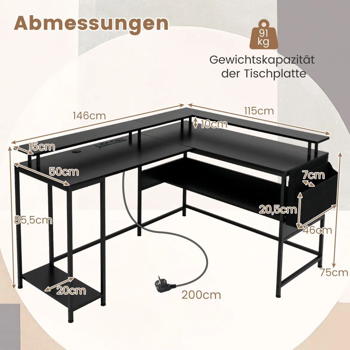 L-förmiger Gamingtisch mit LED-Beleuchtung & Steckdosen Computertisch mit Monitorständer Schwarz