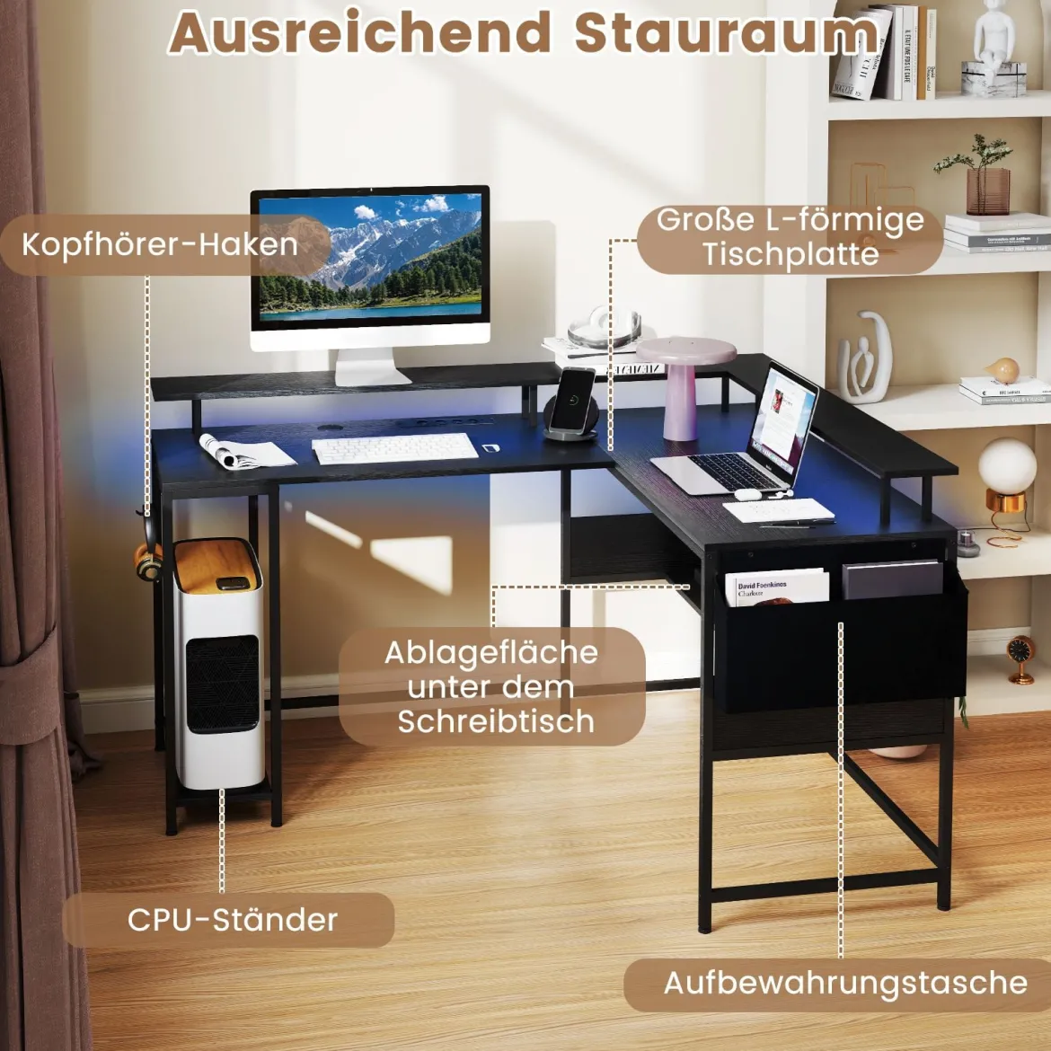 L-förmiger Gamingtisch mit LED-Beleuchtung & Steckdosen Computertisch mit Monitorständer Schwarz