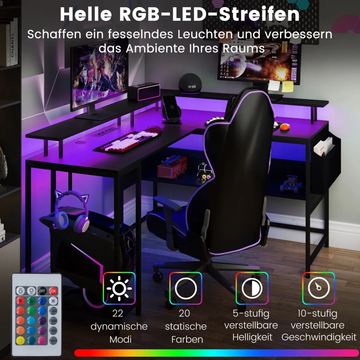 L-förmiger Gamingtisch mit LED-Beleuchtung & Steckdosen Computertisch mit Monitorständer Schwarz