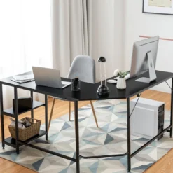L-förmiger Schreibtisch Computertisch mit Metallgestell & Fußstütze 138 x 60 x 75 cm Schwarz