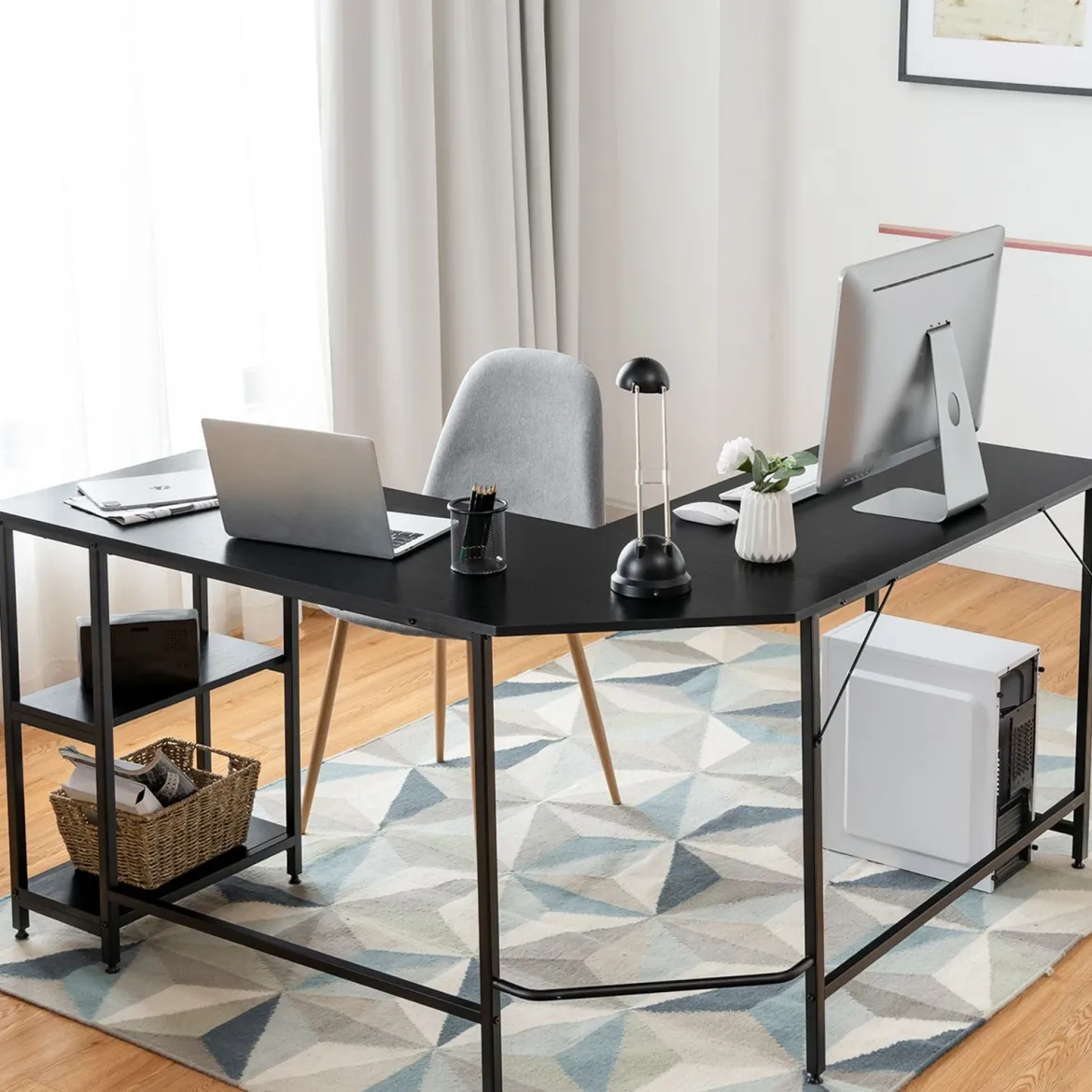 L-förmiger Schreibtisch Computertisch mit Metallgestell & Fußstütze 138 x 60 x 75 cm Schwarz