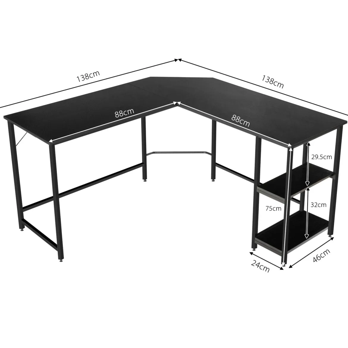 L-förmiger Schreibtisch Computertisch mit Metallgestell & Fußstütze 138 x 60 x 75 cm Schwarz