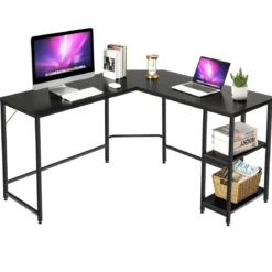L-förmiger Schreibtisch Computertisch mit Metallgestell & Fußstütze 138 x 60 x 75 cm Schwarz