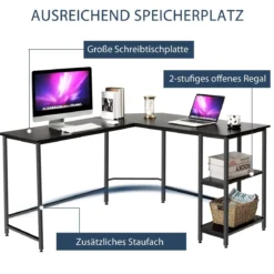 L-förmiger Schreibtisch Computertisch mit Metallgestell & Fußstütze 138 x 60 x 75 cm Schwarz