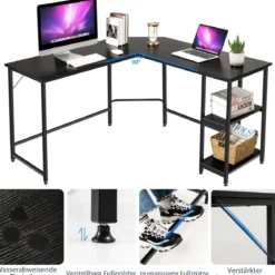 L-förmiger Schreibtisch Computertisch mit Metallgestell & Fußstütze 138 x 60 x 75 cm Schwarz