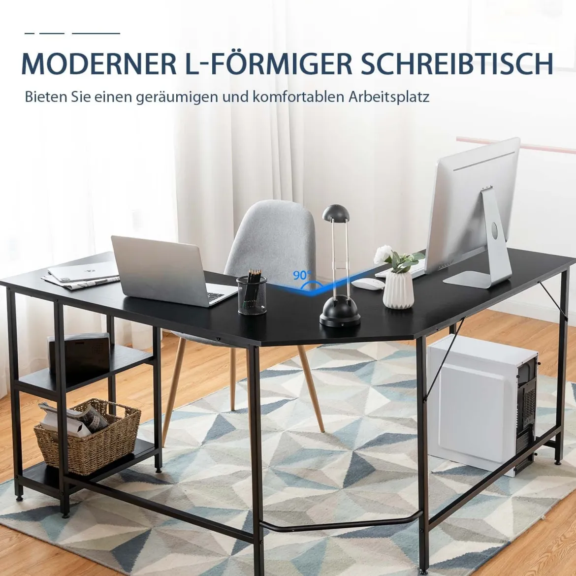 L-förmiger Schreibtisch Computertisch mit Metallgestell & Fußstütze 138 x 60 x 75 cm Schwarz
