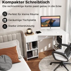 L-förmiger Schreibtisch Eckschreibtisch mit Schublade & Regalen moderner Computertisch Weiß
