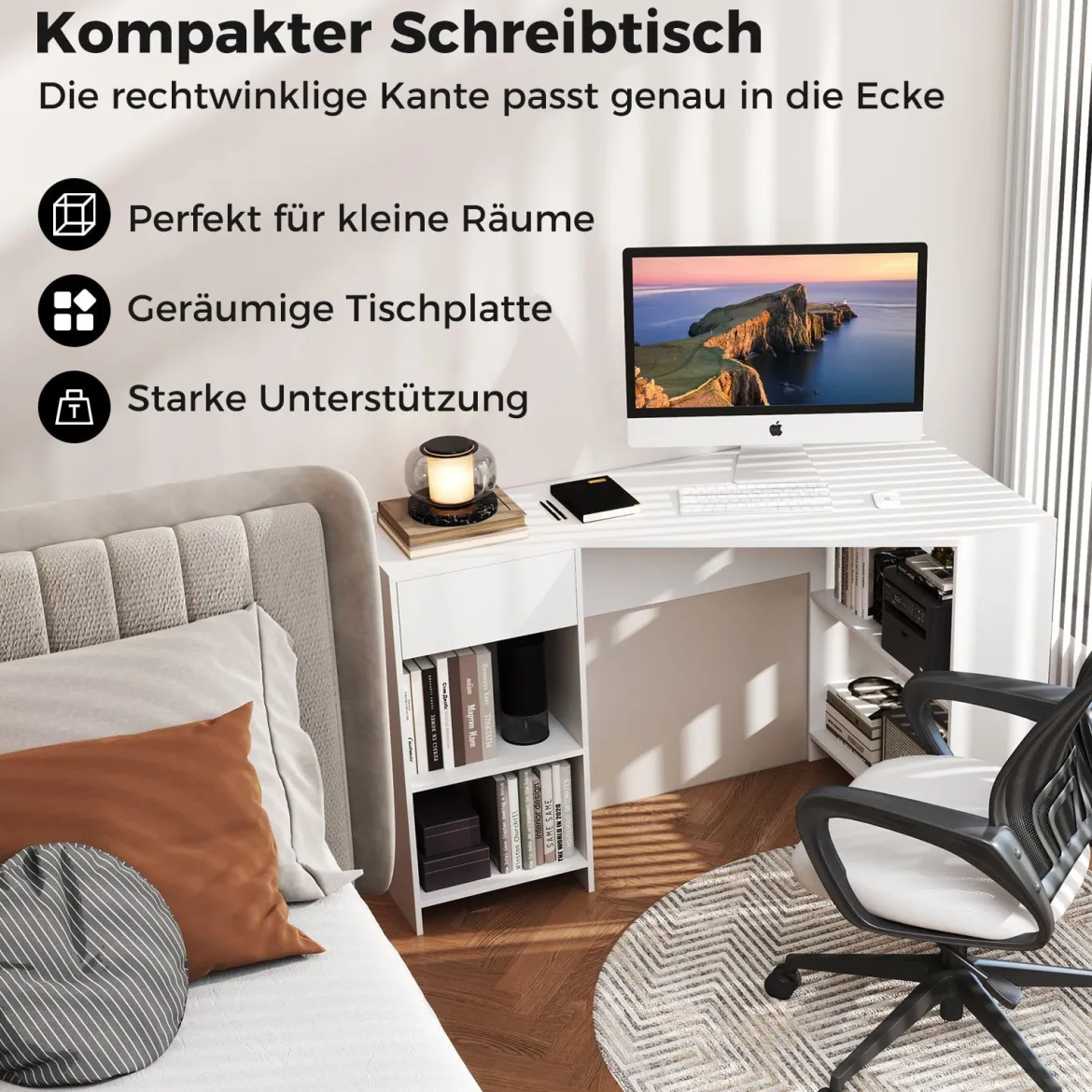 L-förmiger Schreibtisch Eckschreibtisch mit Schublade & Regalen moderner Computertisch Weiß