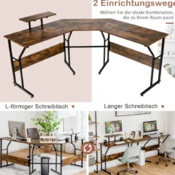 L-förmiger Schreibtisch Eckschreibtisch mit Monitorständer 225 x 48 x 91 cm Braun