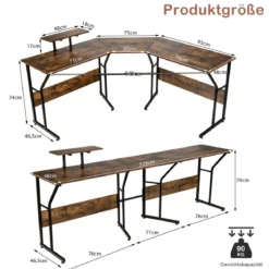 L-förmiger Schreibtisch Eckschreibtisch mit Monitorständer 225 x 48 x 91 cm Braun
