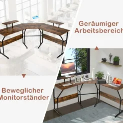 L-förmiger Schreibtisch Eckschreibtisch mit Monitorständer 225 x 48 x 91 cm Braun