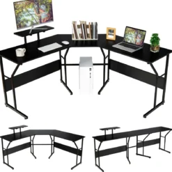 L-förmiger Schreibtisch Eckschreibtisch mit Monitorständer 225 x 48 x 91 cm Schwarz