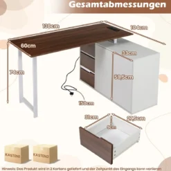 L-förmiger Schreibtisch mit Aktenschrank & Steckdose 138 cm umkehrbarer Eckcomputertisch Braun
