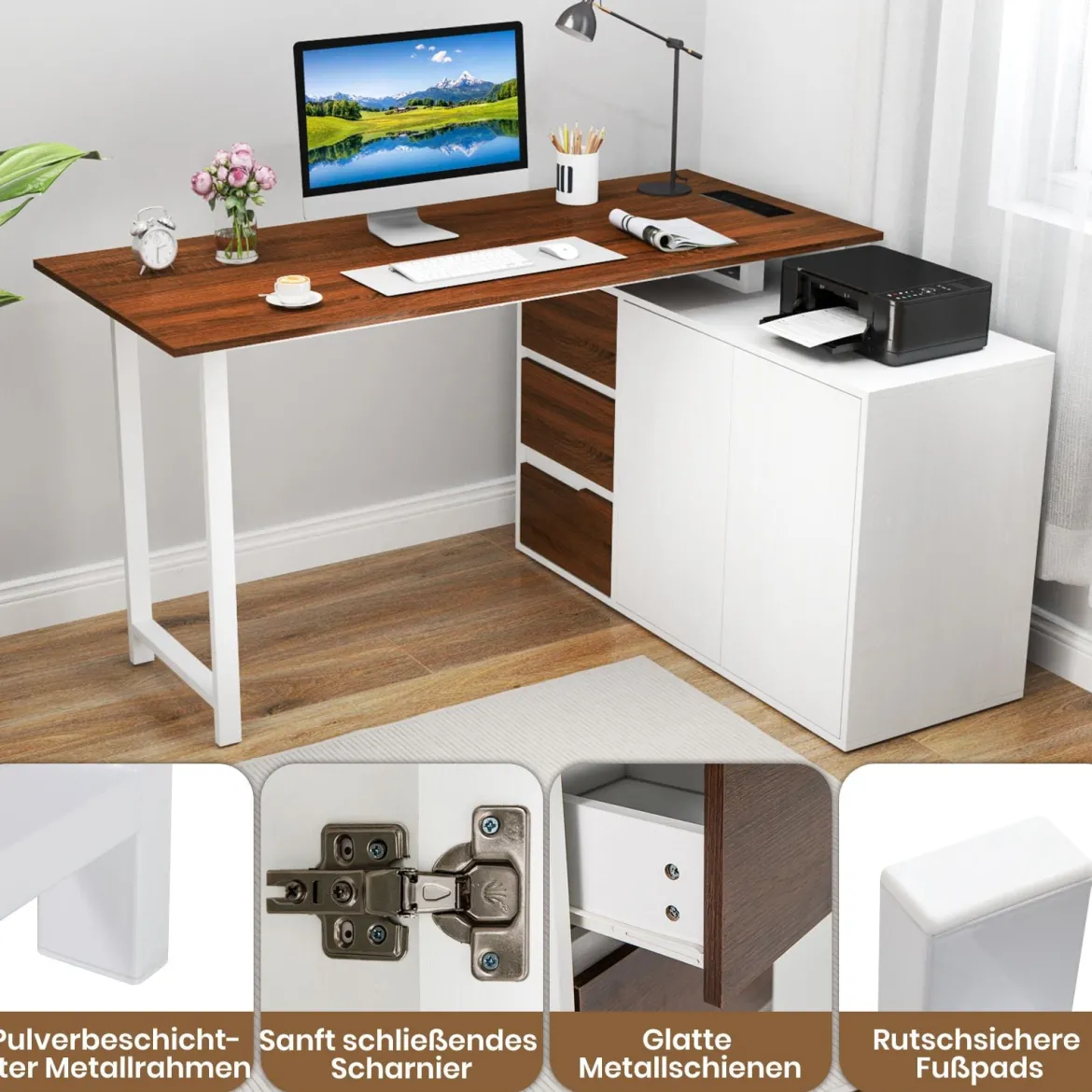 L-förmiger Schreibtisch mit Aktenschrank & Steckdose 138 cm umkehrbarer Eckcomputertisch Braun