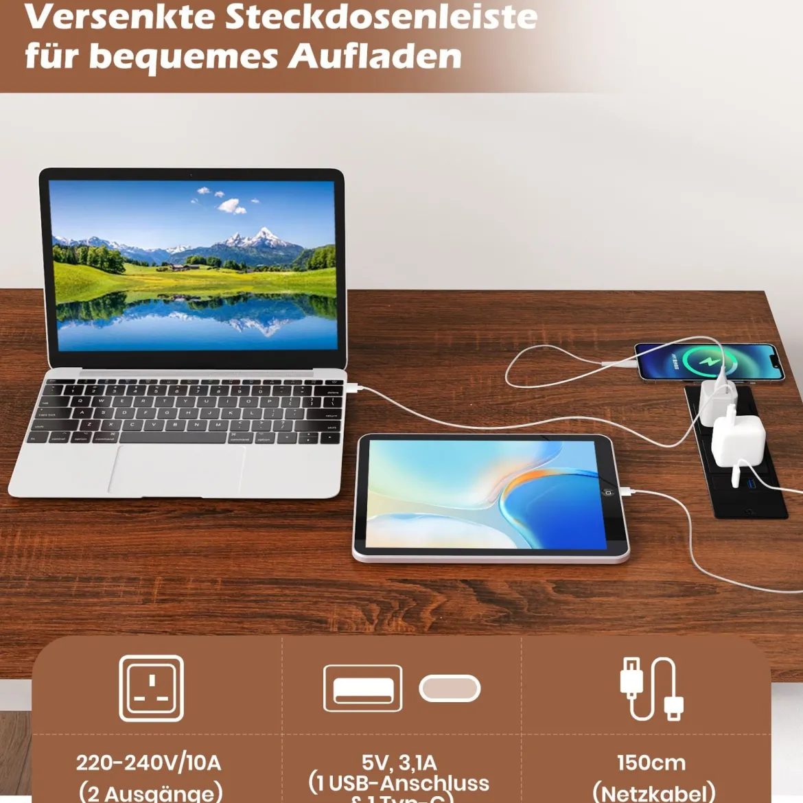 L-förmiger Schreibtisch mit Aktenschrank & Steckdose 138 cm umkehrbarer Eckcomputertisch Braun