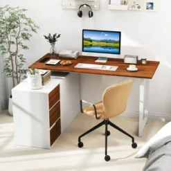 L-förmiger Schreibtisch mit Aktenschrank & Steckdose 138 cm umkehrbarer Eckcomputertisch Braun
