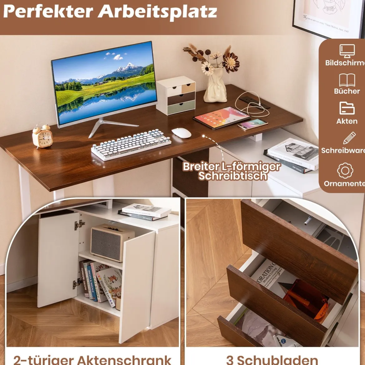 L-förmiger Schreibtisch mit Aktenschrank & Steckdose 138 cm umkehrbarer Eckcomputertisch Braun
