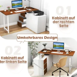 L-förmiger Schreibtisch mit Aktenschrank & Steckdose 138 cm umkehrbarer Eckcomputertisch Braun