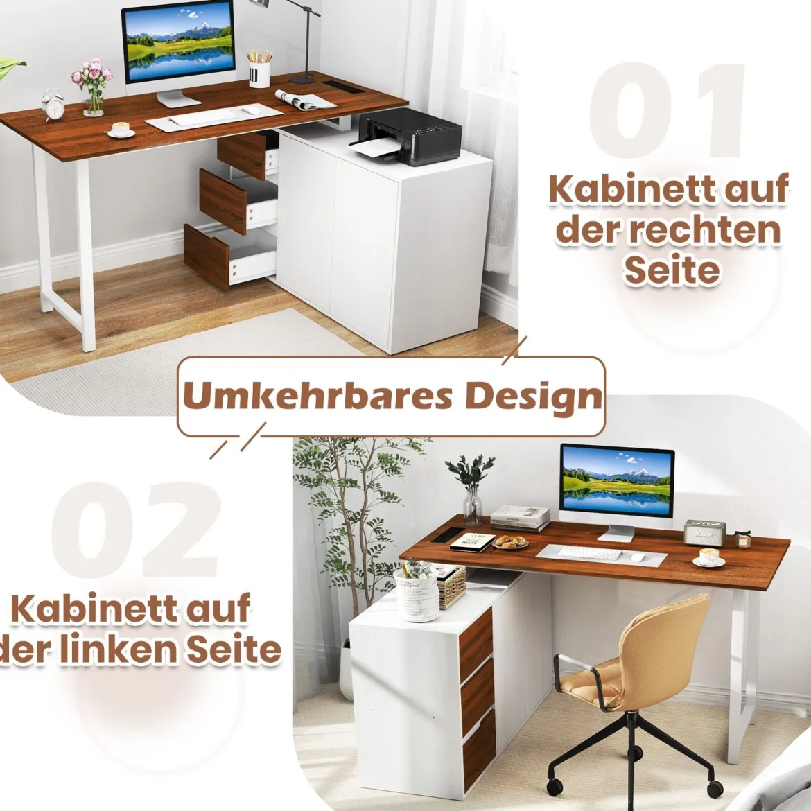 L-förmiger Schreibtisch mit Aktenschrank & Steckdose 138 cm umkehrbarer Eckcomputertisch Braun