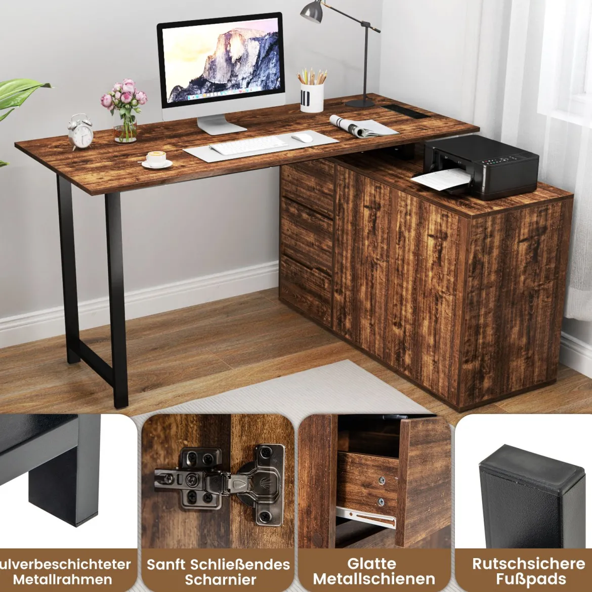 L-förmiger Schreibtisch mit Aktenschrank & Steckdose 138 cm umkehrbarer Eckcomputertisch Rustikal Braun