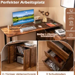 L-förmiger Schreibtisch mit Aktenschrank & Steckdose 138 cm umkehrbarer Eckcomputertisch Rustikal Braun