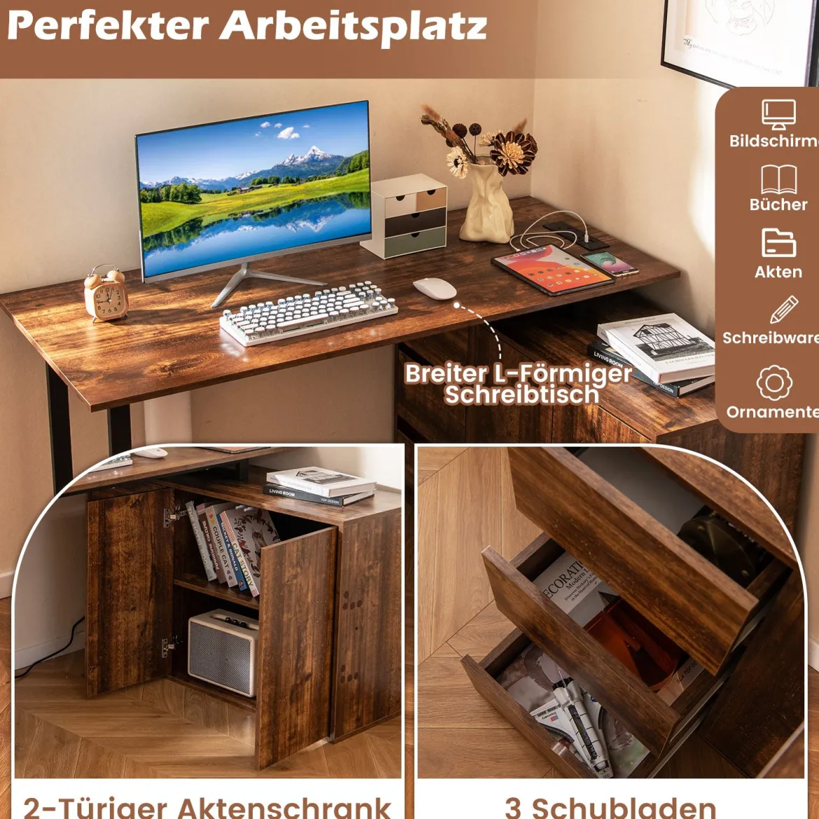 L-förmiger Schreibtisch mit Aktenschrank & Steckdose 138 cm umkehrbarer Eckcomputertisch Rustikal Braun