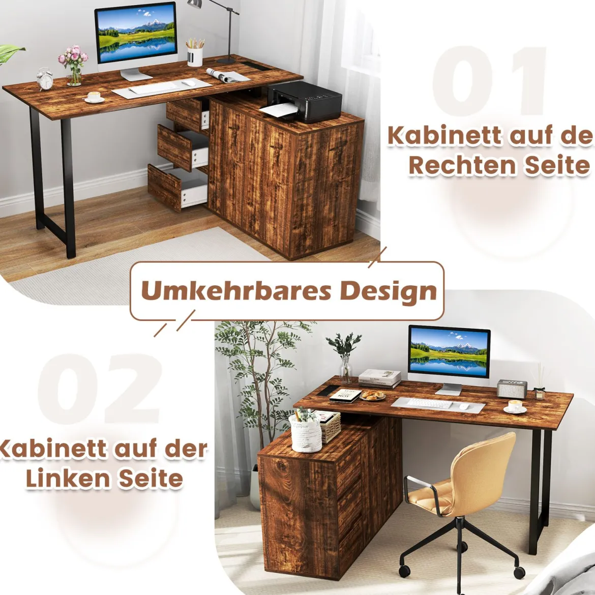 L-förmiger Schreibtisch mit Aktenschrank & Steckdose 138 cm umkehrbarer Eckcomputertisch Rustikal Braun