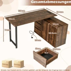 L-förmiger Schreibtisch mit Aktenschrank & Steckdose 138 cm umkehrbarer Eckcomputertisch Rustikal Braun