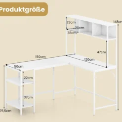 L-förmiger Schreibtisch mit Bücherregal Eckschreibtisch Gaming Tisch Computertisch Weiß