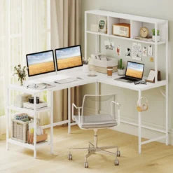 L-förmiger Schreibtisch mit Bücherregal Eckschreibtisch Gaming Tisch Computertisch Weiß