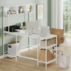 L-förmiger Schreibtisch mit Bücherregal Eckschreibtisch Gaming Tisch Computertisch Weiß
