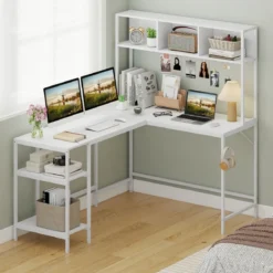 L-förmiger Schreibtisch mit Bücherregal Eckschreibtisch Gaming Tisch Computertisch Weiß