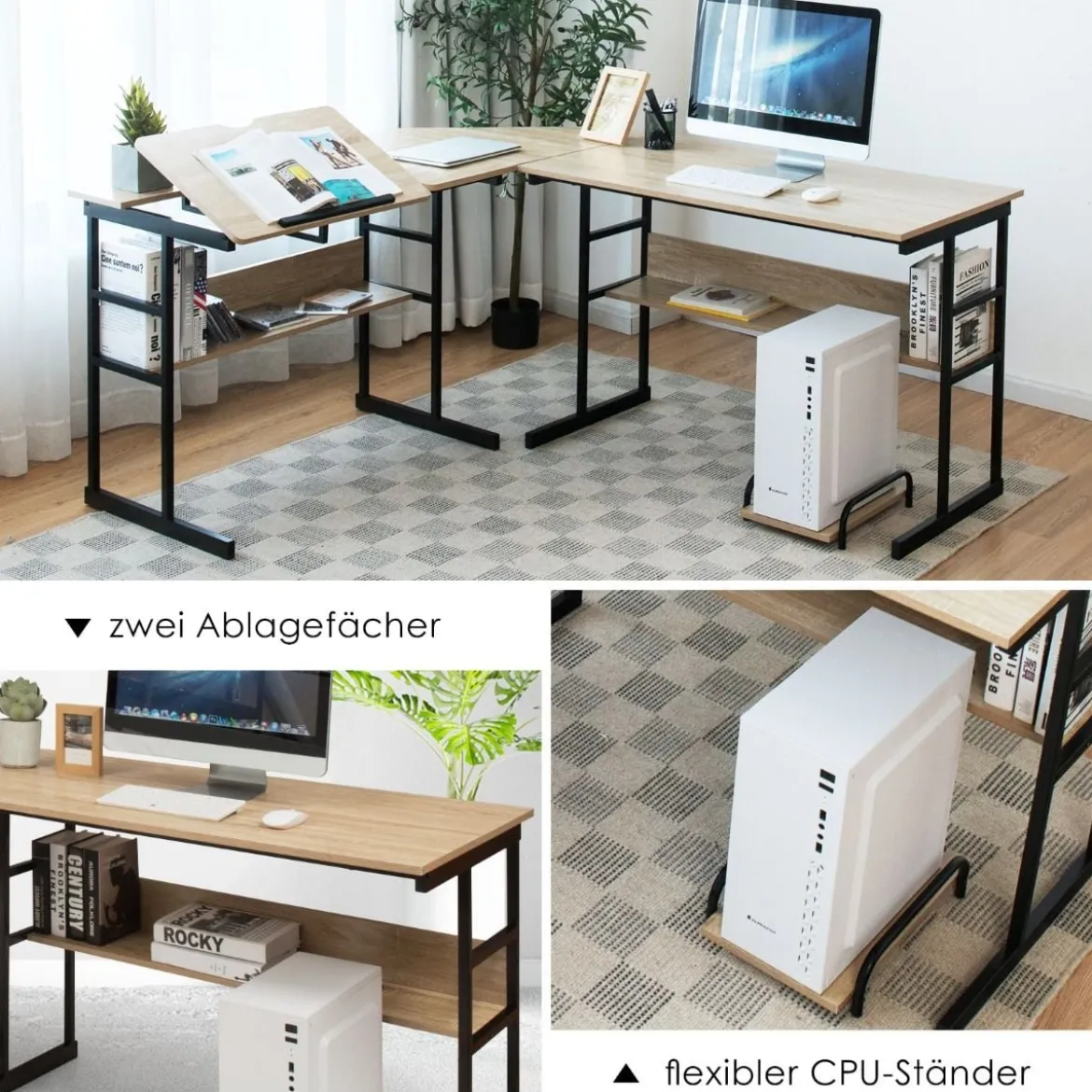 L-förmiger Schreibtisch mit neigbarer Tischplatte unterem Bücherregal & CPU-Ständer Zeichentisch Computertisch 170 x 150 x 75 cm