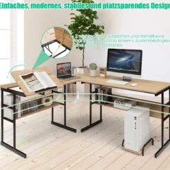 L-förmiger Schreibtisch mit neigbarer Tischplatte unterem Bücherregal & CPU-Ständer Zeichentisch Computertisch 170 x 150 x 75 cm