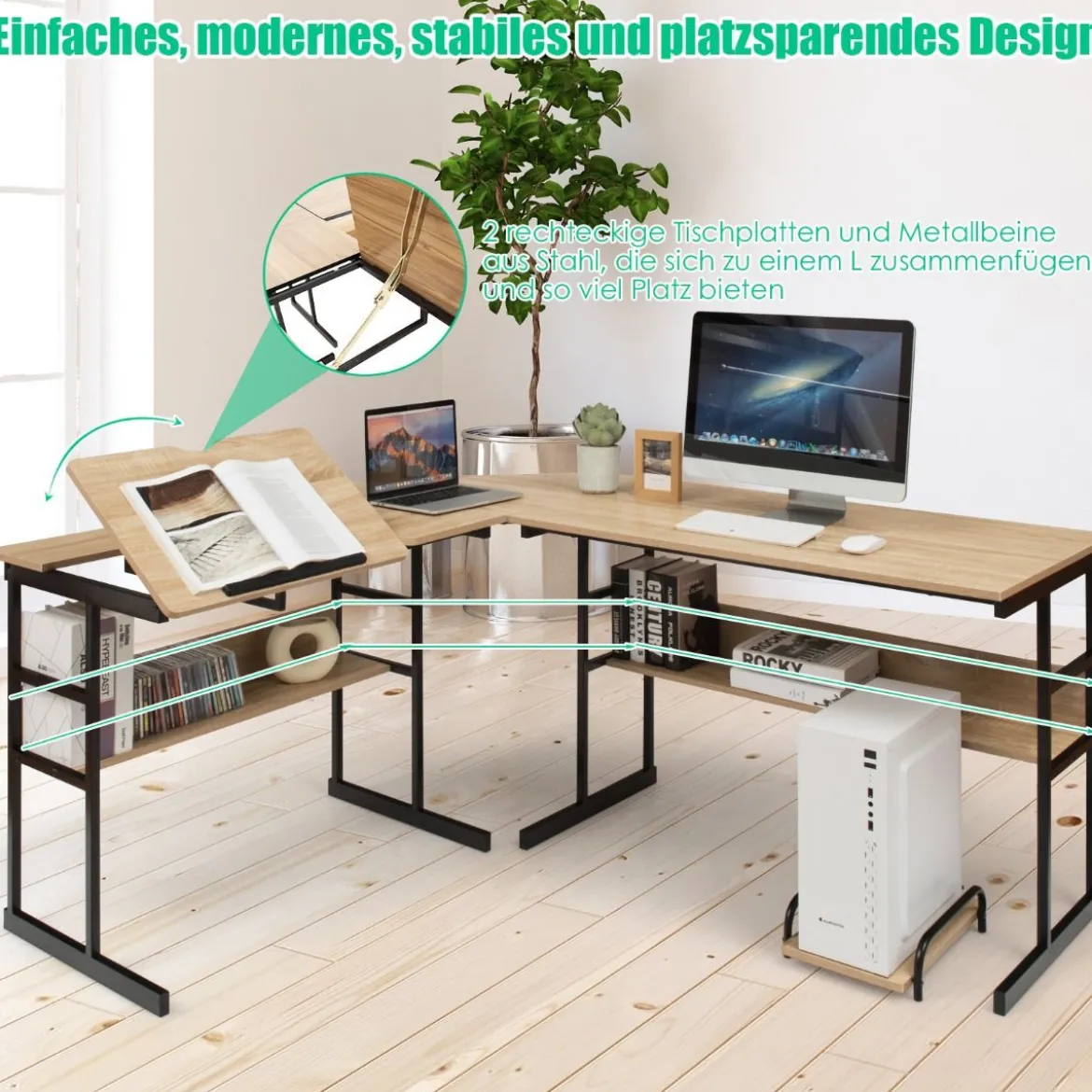 L-förmiger Schreibtisch mit neigbarer Tischplatte unterem Bücherregal & CPU-Ständer Zeichentisch Computertisch 170 x 150 x 75 cm