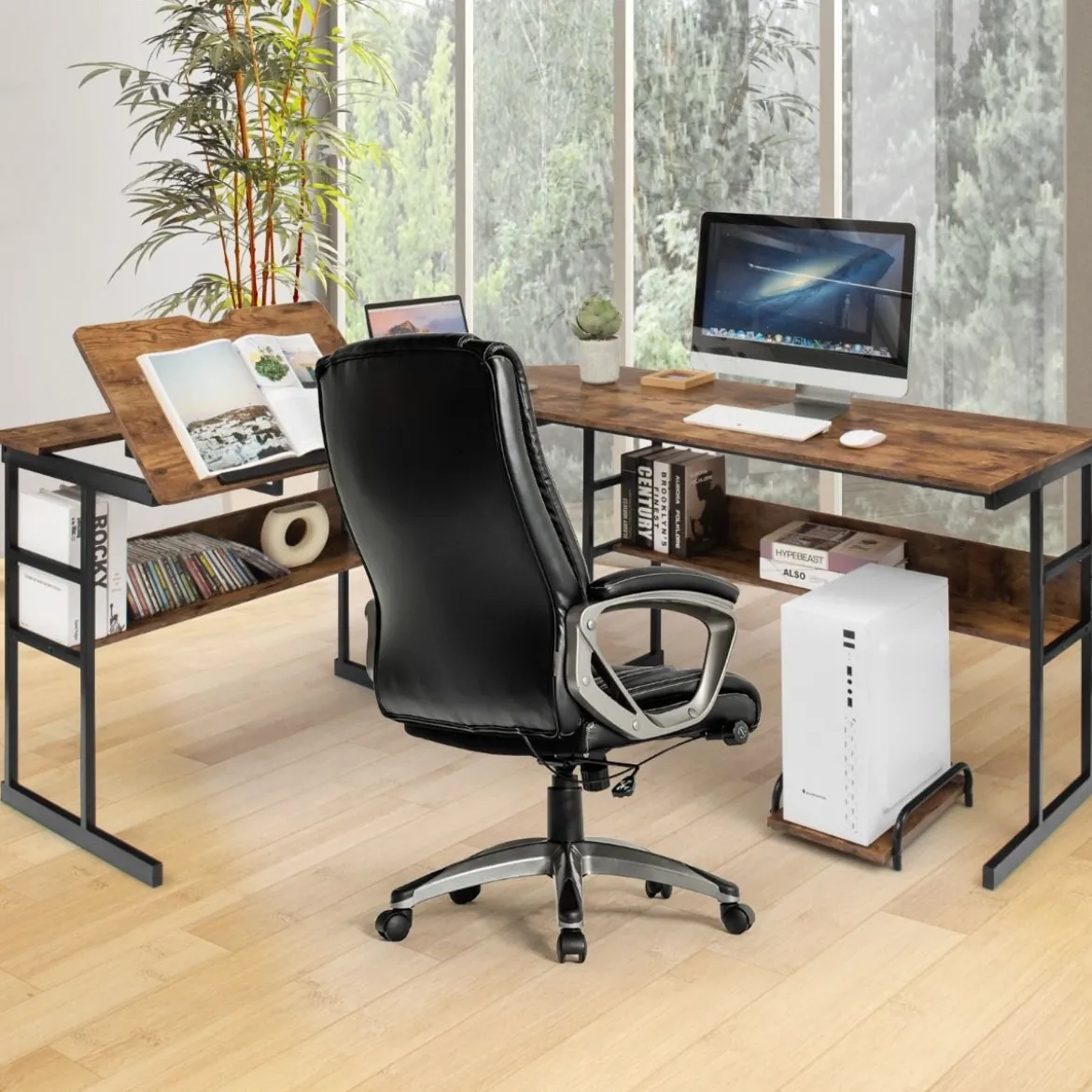 L-förmiger Schreibtisch mit neigbarer Tischplatte unterem Bücherregal & CPU-Ständer Zeichentisch Computertisch 170 x 150 x 75 cm