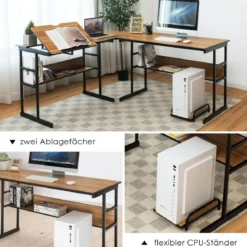 L-förmiger Schreibtisch mit neigbarer Tischplatte unterem Bücherregal & CPU-Ständer Zeichentisch Computertisch 170 x 150 x 75 cm