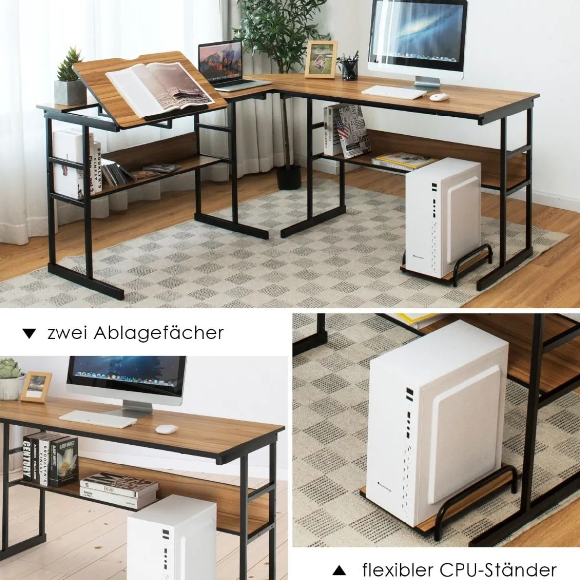 L-förmiger Schreibtisch mit neigbarer Tischplatte unterem Bücherregal & CPU-Ständer Zeichentisch Computertisch 170 x 150 x 75 cm