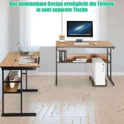 L-förmiger Schreibtisch mit neigbarer Tischplatte unterem Bücherregal & CPU-Ständer Zeichentisch Computertisch 170 x 150 x 75 cm
