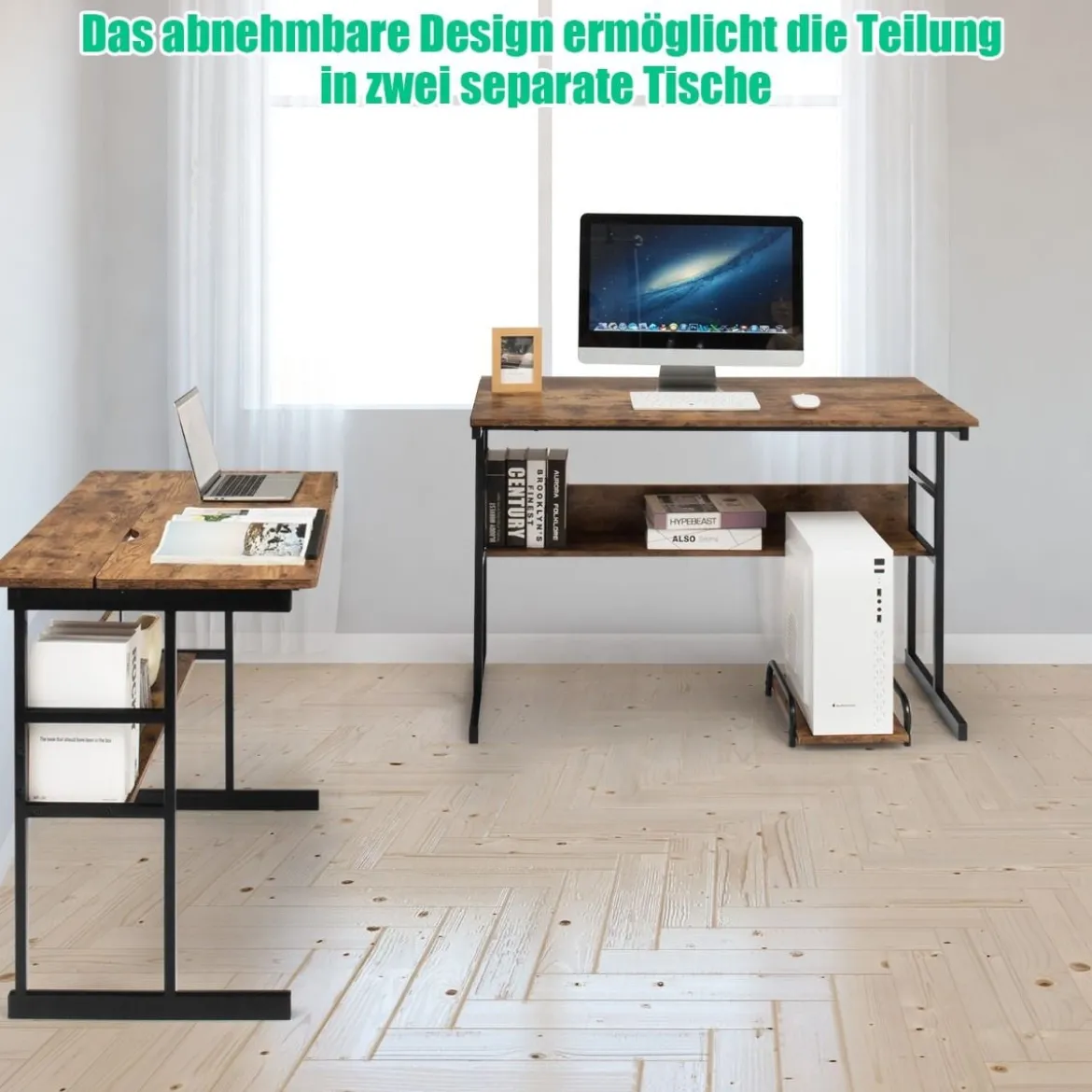 L-förmiger Schreibtisch mit neigbarer Tischplatte unterem Bücherregal & CPU-Ständer Zeichentisch Computertisch 170 x 150 x 75 cm